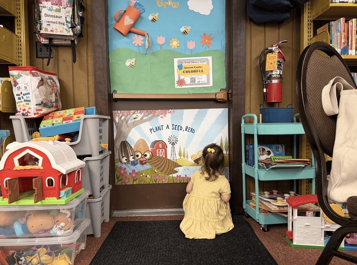 The children's area at the local library near State Line Campground, with picture books, puzzles, and toys.